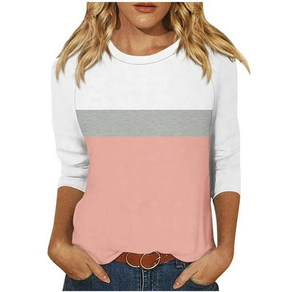 Jewelreauty Women Tunic Tops Elbow Length Sleeve Color Block Striped T-Shirts Casual Crewneck Base Tee, Pink L