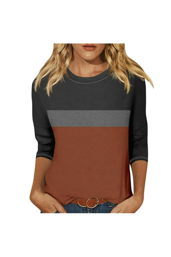 Women Tunic Tops Elbow Length Sleeve Color Block Striped T-Shirts Casual Crewneck Base Tee, Brown XL
