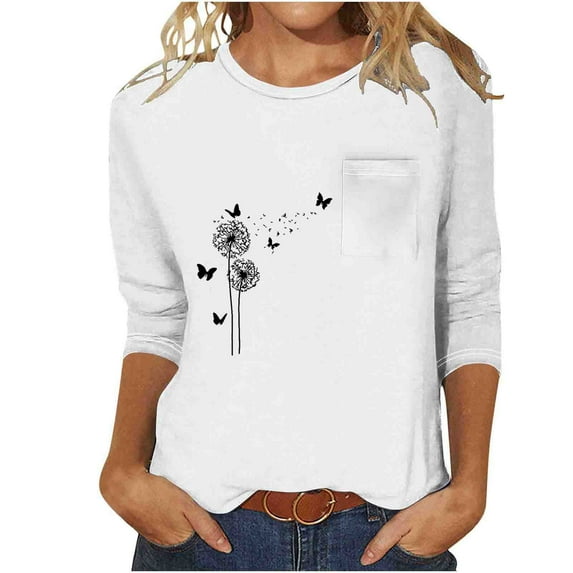 Jewelreauty Women Tunic Tops Elbow Length Round Neck Floral T-Shirts Summer Casual Basic Tee