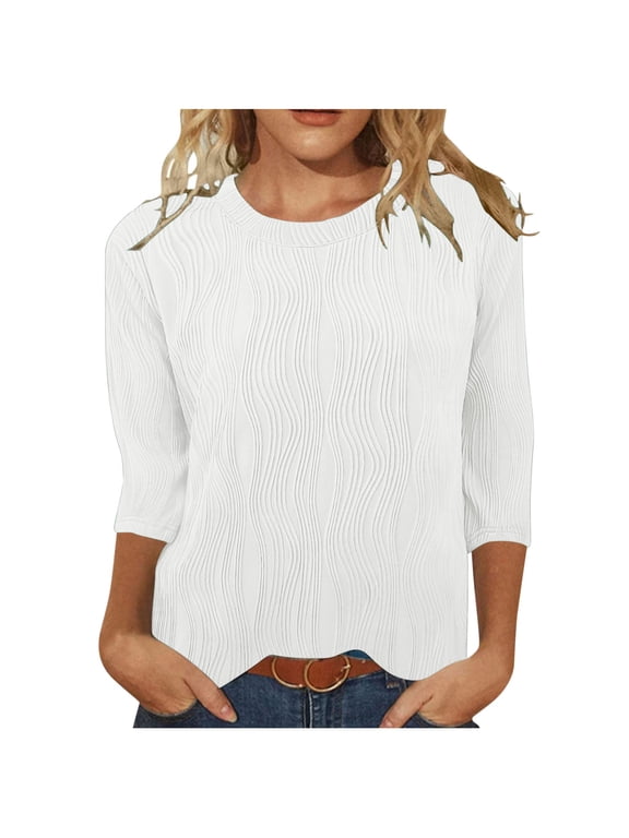 Women Tunic Tops Elbow Length Round Neck Textured T-Shirts Summer Casual Basic Tee