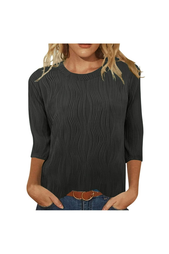 Women Tunic Tops Elbow Length Round Neck Textured T-Shirts Summer Casual Basic Tee