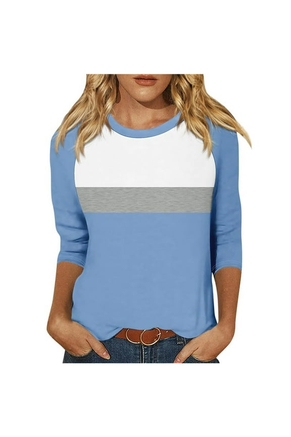 Women Tunic Tops Elbow Length Sleeve Color Block Striped T-Shirts Casual Crewneck Base Tee, Blue L
