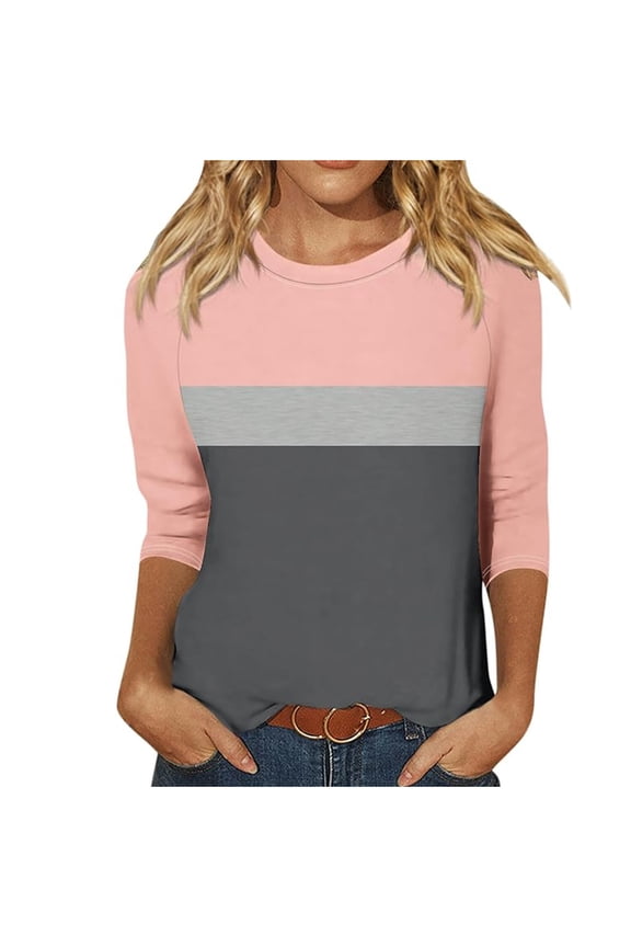 Women Tunic Tops Elbow Length Sleeve Color Block Striped T-Shirts Casual Crewneck Base Tee, Dark Gray S