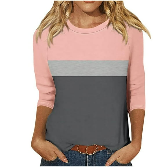 Jewelreauty Women Tunic Tops Elbow Length Sleeve Color Block Striped T-Shirts Casual Crewneck Base Tee, Dark Gray S