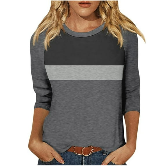 Jewelreauty Women Tunic Tops Elbow Length Sleeve Color Block Striped T-Shirts Casual Crewneck Base Tee, Gray XL