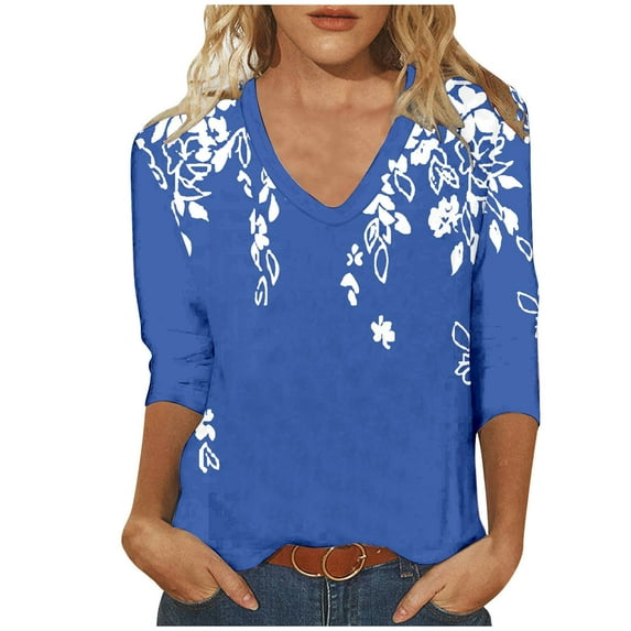 Jewelreauty Women Tunic Tops Elbow Length V Neck Floral/Plaid T-Shirts Summer Casual Basic Tee