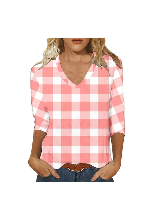 Women Tunic Tops Elbow Length V Neck Floral/Plaid T-Shirts Summer Casual Basic Tee