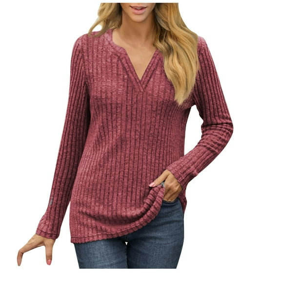 Jewelreauty Women V Neck Ribbed Knit Tops Solid Color Long Sleeve Outdoor Sweaters Fashion Slim Fitting Tunic Blouses (S, Wine)