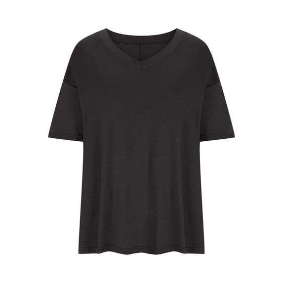 Jewelreauty Women V Neck Shirts Summer Oversized Short Sleeve Loose Solid Blouses Casual Lightweight Cozy Tops (S, Black)