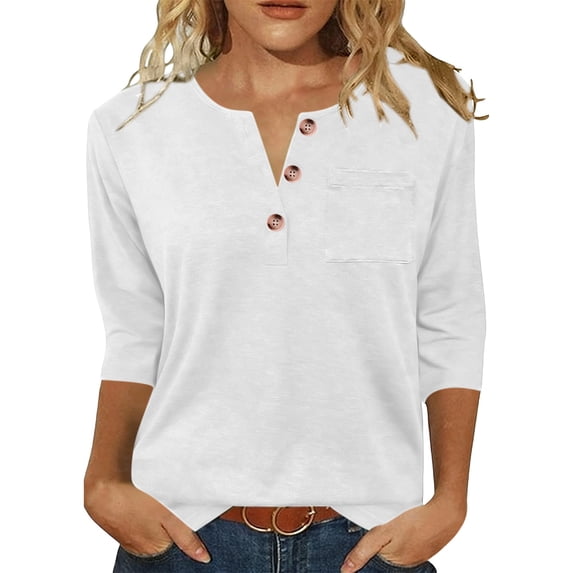 Jewelreauty Women's 3/4 Sleeve Tops Casual Summer Fall Basic Tee Button V Neck Loose Fit Plain Tshirts, White 2XL