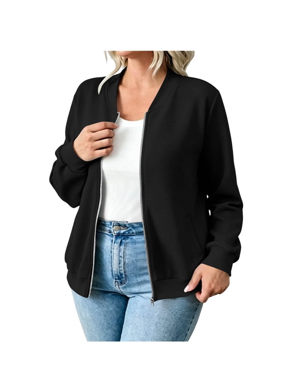 Women's Bomber Jackets No Hood Loose Fit Casual Trendy Zip Up Baseball Outerwear Light Fall Coat (2XL, Black)