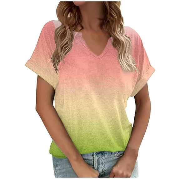 Jewelreauty Women's Casual V Neck Shirts Summer Short Sleeve Tie-Dye Tunic Tops 2024 Loose Tee Blouses (S, Pink)