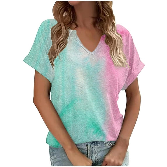 Jewelreauty Women's Casual V Neck Shirts Summer Short Sleeve Tie-Dye Tunic Tops 2025 Loose Tee Blouses (L, Mint Green)