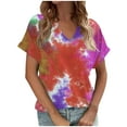 thumbnail image 1 of Jewelreauty Women's Casual V Neck Shirts Summer Short Sleeve Tie-Dye Tunic Tops 2025 Loose Tee Blouses (S, Red), 1 of 5