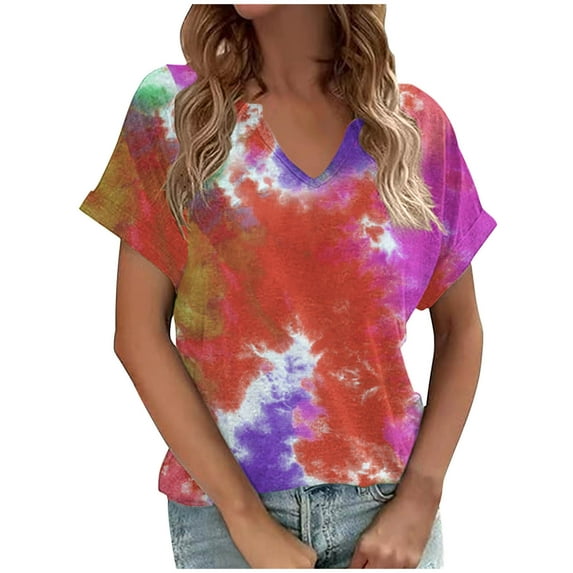 Jewelreauty Women's Casual V Neck Shirts Summer Short Sleeve Tie-Dye Tunic Tops 2025 Loose Tee Blouses (S, Red)