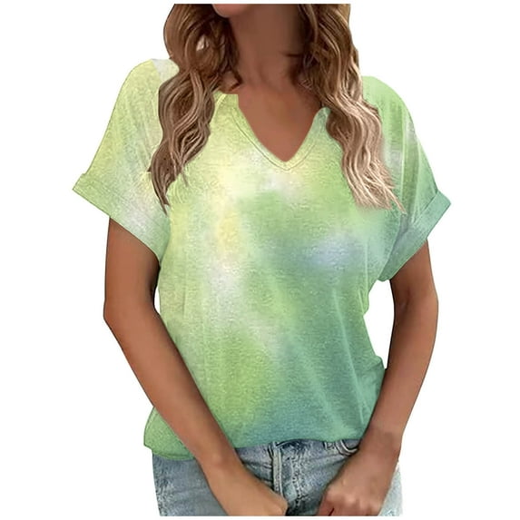 Jewelreauty Women's Casual V Neck Shirts Summer Short Sleeve Tie-Dye Tunic Tops 2025 Loose Tee Blouses (XL, Light Green)
