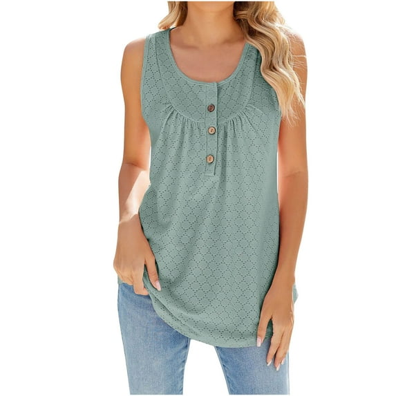 Jewelreauty Women's Henley Tank Tops Summer Scoop Neck Sleeveless Pleated Shirts Casual Loose Outdoor Tee (2XL, Green)