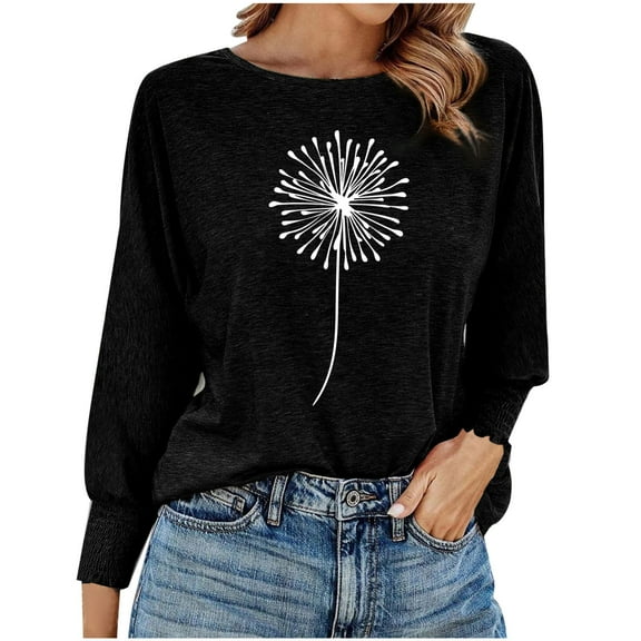 Jewelreauty Women's Long Sleeve Shirts Floral Print Tighten Cuff Round Neck Blouses Casual Lightweight Loose Fit Pullover Tops (2XL, Black)