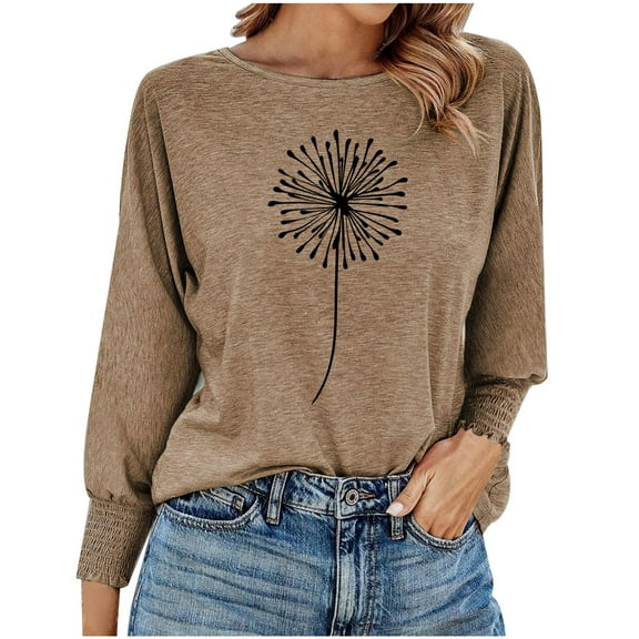 Jewelreauty Women's Long Sleeve Shirts Floral Print Tighten Cuff Round Neck Blouses Casual Lightweight Loose Fit Pullover Tops (L, Khaki)