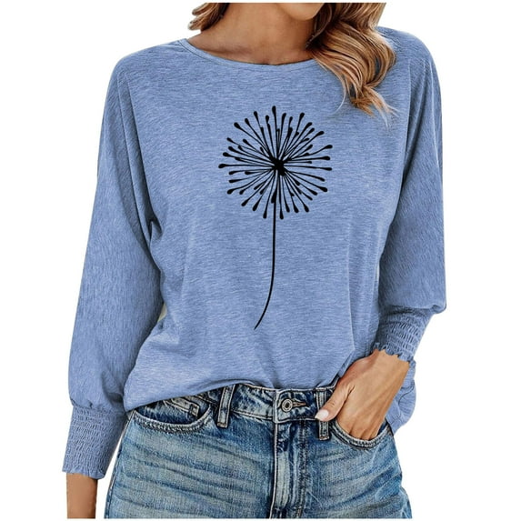 Jewelreauty Women's Long Sleeve Shirts Floral Print Tighten Cuff Round Neck Blouses Casual Lightweight Loose Fit Pullover Tops (M, Blue)