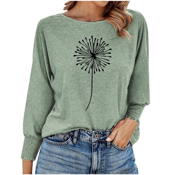 Jewelreauty Women's Long Sleeve Shirts Floral Print Tighten Cuff Round Neck Blouses Casual Lightweight Loose Fit Pullover Tops (S, Green)