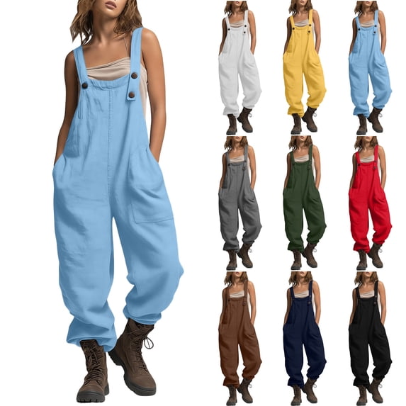 Jewelreauty Women's Overalls Jumpsuits with Pockets Sleeveless Cargo Bibs Linen Loose Summer Casual Long Rompers (XL, Light Blue)