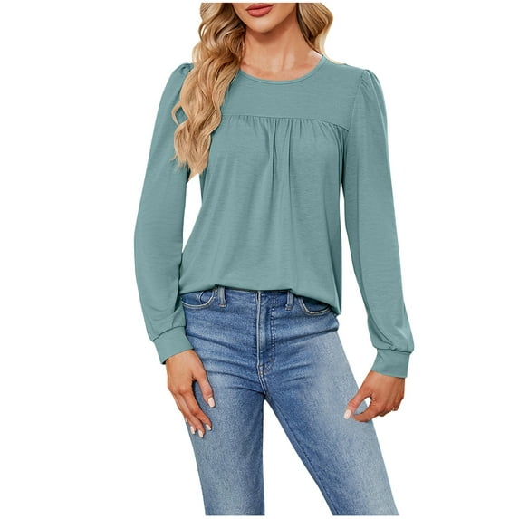 Jewelreauty Women's Round Neck Pullover Tops Long Sleeve Solid Color Comfort Shirts Fashion Loose Casual Blouses (L, Blue)