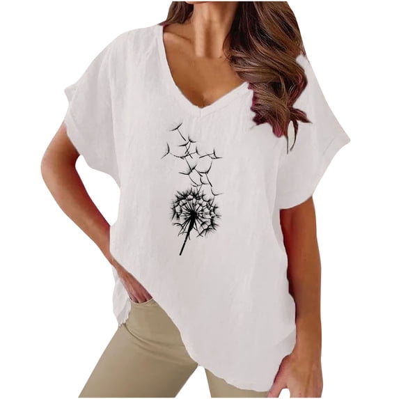Jewelreauty Women's Short Sleeve Shirts Summer Casual Batwing V Neck Floral Tops Loose Cotton Linen Tees (3XL, White)