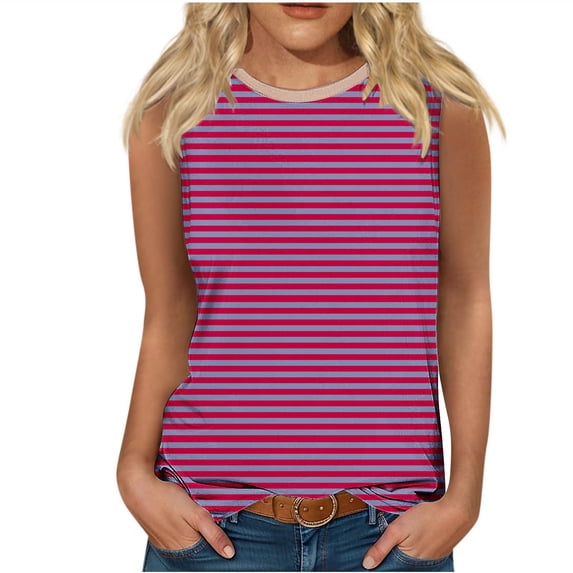 Jewelreauty Women's Striped Sleeveless Tank Tops Crew Neck Casual Workout Shirts Summer Loose Going Out Tees (M, Hot Pink)