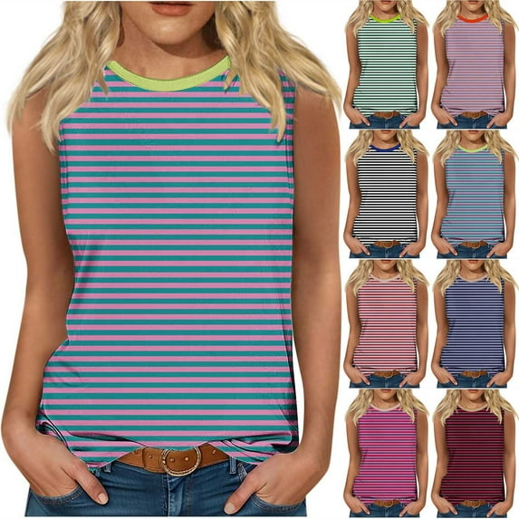 Jewelreauty Women's Striped Sleeveless Tank Tops Crew Neck Casual Workout Shirts Summer Loose Going Out Tees (S, Pink)