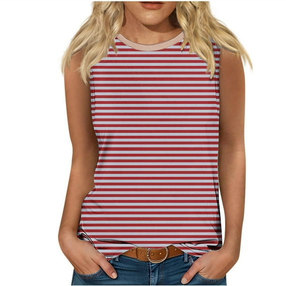 Jewelreauty Women's Striped Sleeveless Tank Tops Crew Neck Casual Workout Shirts Summer Loose Going Out Tees (S, Watermelon Red)