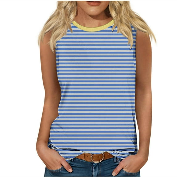 Jewelreauty Women's Striped Sleeveless Tank Tops Crew Neck Casual Workout Shirts Summer Loose Going Out Tees (XL, Sky Blue)