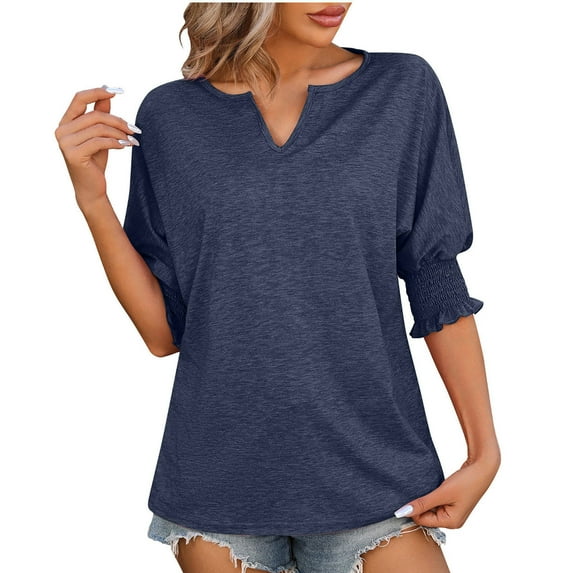 Jewelreauty Women's Summer V Neck Shirts Casual Puff Short Sleeve Solid Blouses Loose Cozy Pullover Tops (M, Navy)