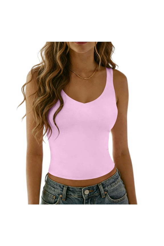 Women's Tank Tops Slim Fit Seamless V Neck Summer Casual Crop Top Sleeveless Basic Tee, Pink S