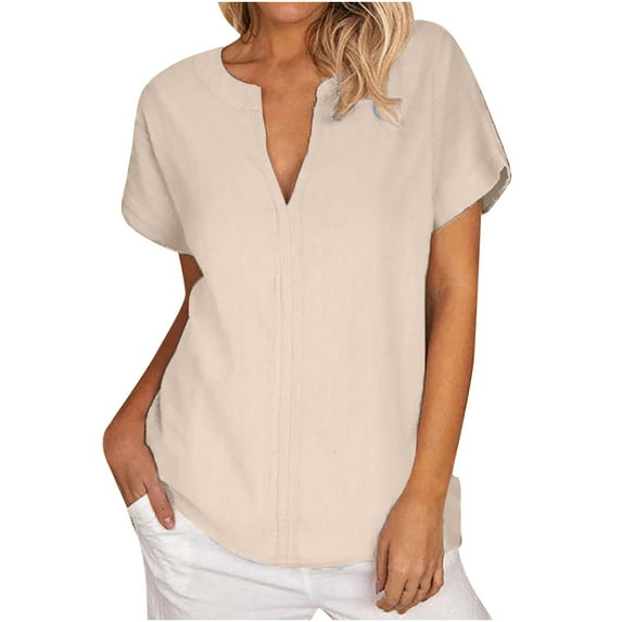 Jewelreauty Women's V Neck T-Shirts Casual Short Sleeve Patchwork Tunic Tops Summer Cotton Linen Blouses (L, Beige)