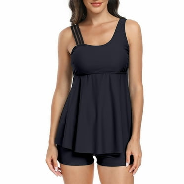 Jewelreauty Womens Bathing Suits 2 Piece Solid Swimsuits Flowy Tankini Swimdress with Swimwear Boy Shorts (S, Black)