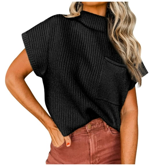 Jewelreauty Womens Batwing Short Sleeve Knit Tops Casual Mock Neck Loose Sweaters Summer Cotton Blouses (S, Black)