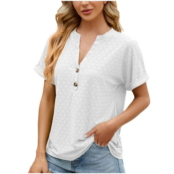 Jewelreauty Womens Button V Neck Summer Shirts Roll Short Sleeve Casual Blouses Hollow Out Cozy Tops Tees (XL, White)