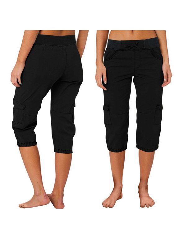 Womens Capris Drawstring Elastic Waist Capri Cargo Pants Multi Pockets Cotton-Twill Sweatpants (M, Black)