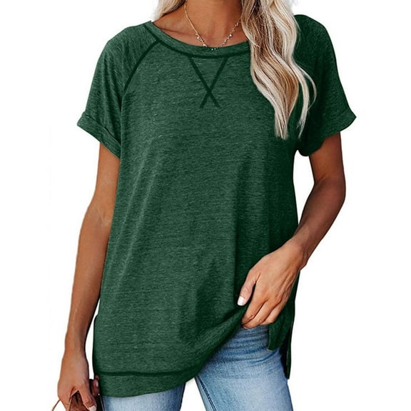 Jewelreauty Womens Casual Short Sleeve Shirts Crewneck Side Split Pullover Tops Loose Fitting Solid T-Shirts Tee (M, Green)