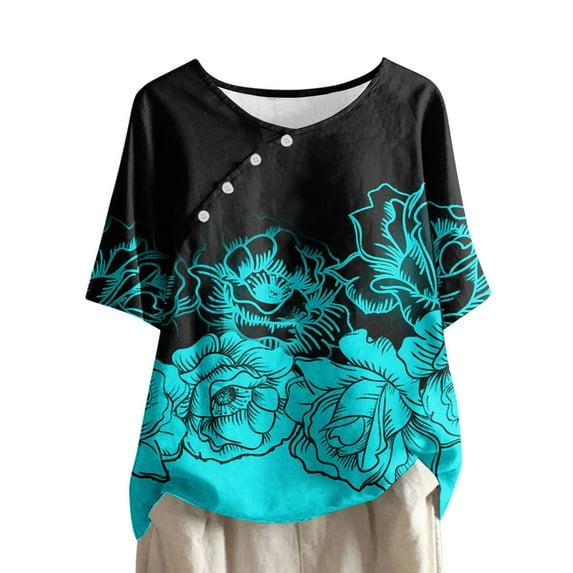 Jewelreauty Womens Casual Short Sleeve Shirts Round Neck Floral Graphic Loose Tees Summer Plus Size Tunic Tops (3XL, Black)