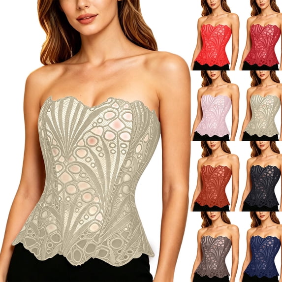 Jewelreauty Womens Corset Top Lace Bustiers Tight Fit Body Shapewear Strapless Party Club Going Out Outfit (M, Beige)