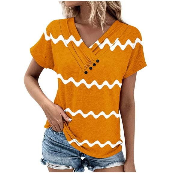 Jewelreauty Womens Cowl Neck Short Sleeve Shirts Casual V Neck Wave Striped Tops Cozy Tunic Outdoor T-Shirts (3XL, Orange)