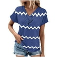 thumbnail image 1 of Jewelreauty Womens Cowl Neck Short Sleeve Shirts Casual V Neck Wave Striped Tops Cozy Tunic Outdoor T-Shirts (S, Navy), 1 of 5