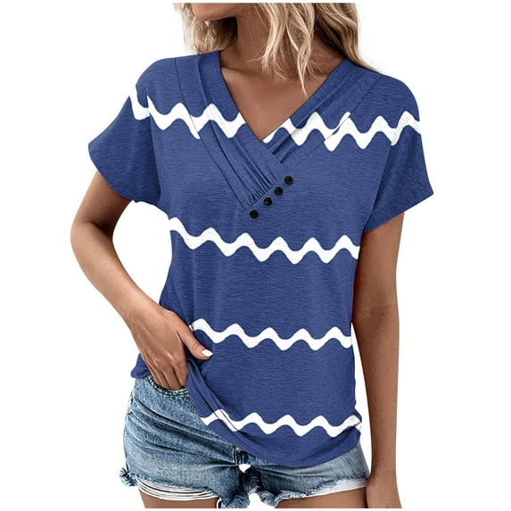 Jewelreauty Womens Cowl Neck Short Sleeve Shirts Casual V Neck Wave Striped Tops Cozy Tunic Outdoor T-Shirts (XL, Navy)