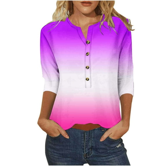 Jewelreauty Womens Elbow Length Tunic Tops Button Notch Neck Casual Loose Summer Blouses 2025
