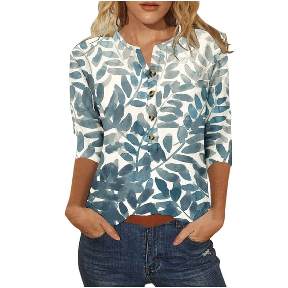Jewelreauty Womens Elbow Length Tunic Tops Button Notch Neck Casual Loose Summer Blouses 2025