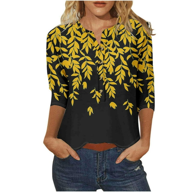 Jewelreauty Womens Elbow Length Tunic Tops Button Notch Neck Casual Loose Summer Blouses 2025