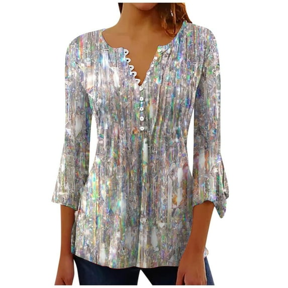 Jewelreauty Womens Elbow Length Tunic Tops Pleated V Neck Bell Sleeve Casual Button Blouses Shirts 2025