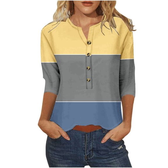 Jewelreauty Womens Half Button Casual Shirts 3/4 Sleeve Slim Fitting Tunic Tops Summer Cute Print Blouses (2XL, Yellow)